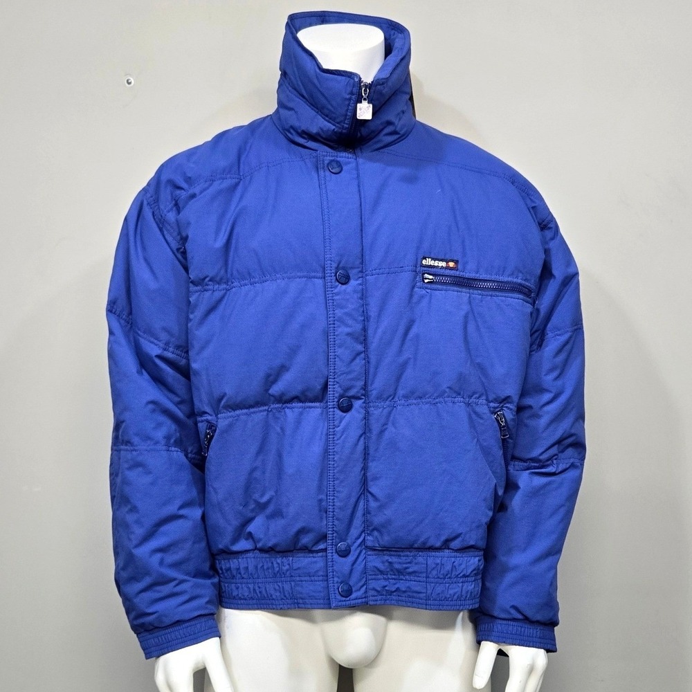 Vintage Ellesse Puffer Ski Jacket Mens Large Blue Goose Down Funnel Neck Italy